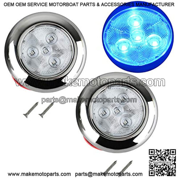 Amarine Made 12V DC 3" Polished Stainless Steel Housing Round LED Courtesy Light, LED Puck Light with 4 Blue Colored LED