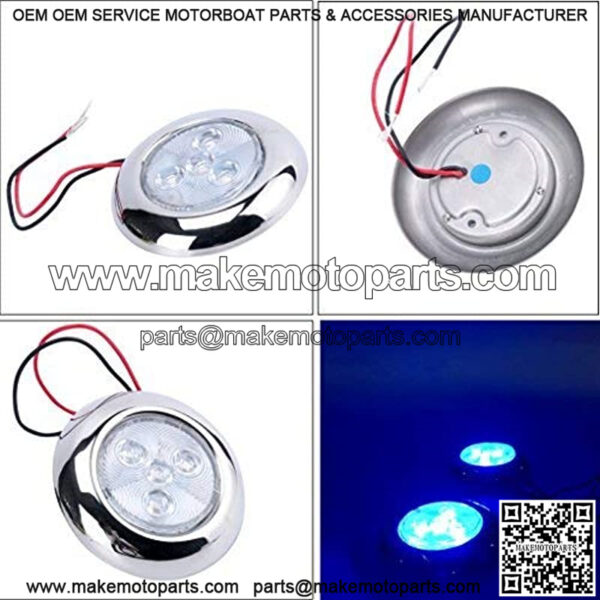 Amarine Made 12V DC 3" Polished Stainless Steel Housing Round LED Courtesy Light, LED Puck Light with 4 Blue Colored LED - Image 2
