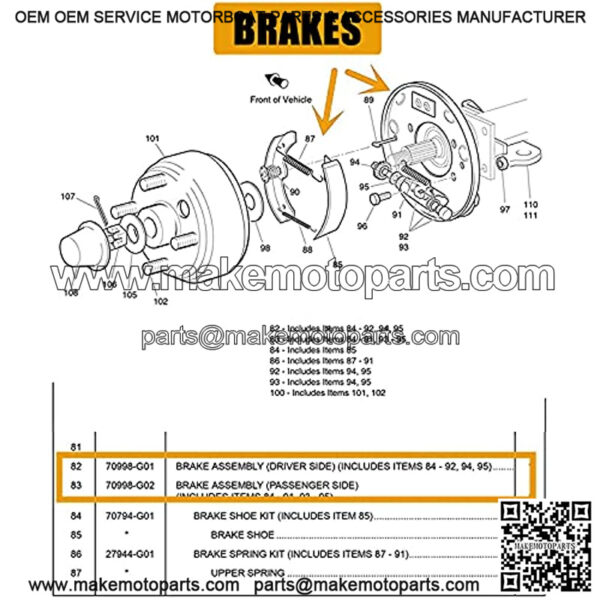 Golf Cart Brake Assembly for EZGO TXT PDS Medalist and Yamaha Golf Carts G14 G16 G19 G20 G21 G22 Driver Side and Passenger Side, Includes Brake Shoes, OEM# 70998-G01 70998-G02 - Image 2