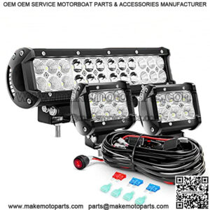 ZH016 12 Inch 72W Spot Combo Bar 2PCS 4 Inch 18W Flood LED Fog Lights with Off Road Wiring Harness- 2 Leads , White
