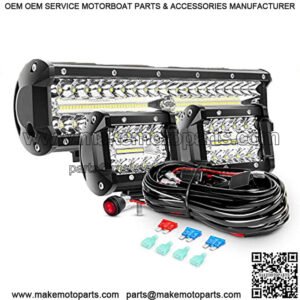 LED Light Bar Set, 12 Inch 300W Triple Row Spot Flood Combo Work Driving Lamp, 2 Pcs 4 inch 60 W Triple Row Flood Spot LED with Wiring Harness for Off road ATV Boat Lighting
