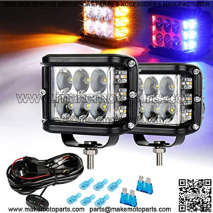 4 Inch Strobe LED Light Pods, Amber White Blue Red Side Shooter, 6 Modes 60W Off Road Light with Memory Function, Emergency Fog Driving Work Light for Truck Boat Jeep SUV with Wiring Harness