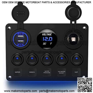 90101E 5Gang Multi-Function 5 Gang Rocker Dual USB Charger + Digital Volmeter +12V Outlet Pre-Wired Switch Panel with Circuit Breakers for RV Car Boat Truck Trailer