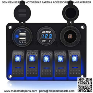 FXC Waterproof Marine Boat Rocker Switch Aluminum Panel 5 Gang with Dual USB Slot Socket 3.1A + Volt Meter Blue LED Light for Car Rv Vehicles Truck (KG0149-5B Blue)
