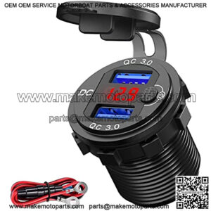 [Upgraded Version] Quick Charge 3.0 Dual 12V USB Car Charger, Aluminum Socket with Red Digital Voltmeter, Waterproof Car Outlet with Power Switch Button, for Marine Boat Motorcycle Truck Golf Cart etc