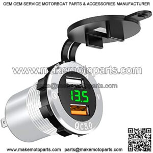 BlueFire Upgraded Aluminum Alloy Quick Charge 3.0 USB Car Charger Socket & 2.4A USB Port IP66 Waterproof Dual USB Power Outlet with Voltmeter for Car Boat Marine Rv Motorcycle(Silver-Green)