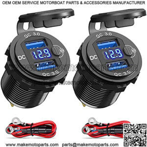 12V USB Outlet 2 Pack, Dual Quick Charge 3.0 12V Socket USB Charger with LED Voltmeter and Power Switch, Waterproof Aluminum Car Charger Adapter for RV Marine Motorcycle Truck Golf Cart RV etc.