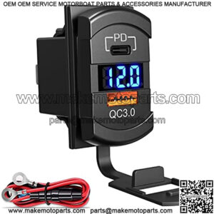 [2022 New] USB C Car Charger Socket Rocker Style Switch Replacement, Dual PD and QC3.0 12V/24V Panel Mount USB Outlet with LED Voltmeter for Boat Marine Truck Bus Off Road Vehicles RV Golf Cart, etc.