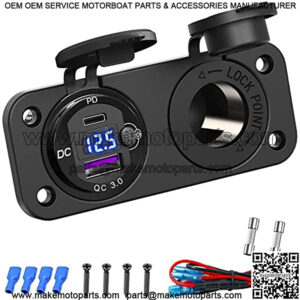 Cigarette Lighter Socket 12 Volt USB Outlet: PD 20W USB C and QC3.0 Car USB Port Aluminum Metal 12V Plug, 150W Car Charger USB Socket Panel with Power Switch LED Voltmeter for Marine Boat RV Golf Cart