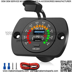 12V USB Outlet Panel, USB C Car Charger Socket Quick Charge 3.0 USB Car Charger Socket 12V/24V with Switch Colorful Voltmeter QC3.0 Socket Power Outlet for Marine, Boat, Motorcycle, Truck, Golf Cart