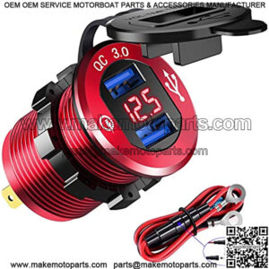 12V USB Outlet Quick Charge 3.0 Dual USB Charger Socket, USB Cigarette Lighter Socket with LED Voltmeter, Waterproof Aluminum Car Charger Adapter DIY Kit for Car Marine Truck Golf Cart RV, etc.