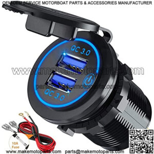 Quick Charge 3.0 Dual USB Car Charger Socket with Touch Switch 12V/24V 36W QC3.0 Dual USB Fast Charger Socket Power Outlet for Marine, Boat, Motorcycle, Truck, Golf Cart
