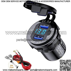 3.0 USB Quick Charger Socket, 12V/24V Dual USB Charger Socket with Switch On/Off and Waterproof LED Digital Voltemeter for Marine, Boat, Motorcycle, Truck and More (Blue)