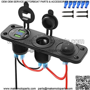 12V Marine Boat Cigarette Lighter Socket, 3 in 1 Waterproof Car Dual QC3.0 USB Outlet Panel 12 Volt RV Power Socket LED Display Waterproof Charger Socket
