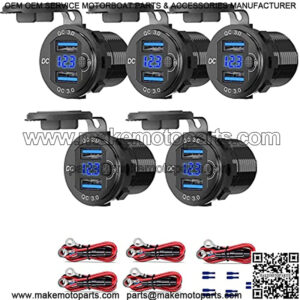 [5 Pack]12V USB Outlet, Dual USB QC 3.0 Socket Waterproof Power Outlet 12V/24V 2.1A & 2.1A with Blue LED Voltmeter and Power Switch for Car Golf Cart Boat Marine Bus Truck RV Marine Motorcycle etc.