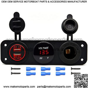 Triple Function Dual USB Charger + LED Voltmeter + 12V Outlet Power Socket Panel Jack for Car Boat Marine Digital Devices Mobile Phone Tablet (Red LED)