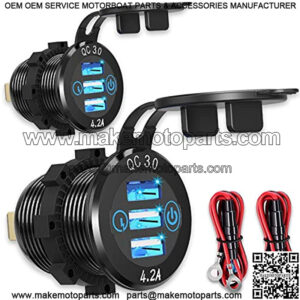 12V USB Aluminum Car Charger [2-Pack], Qidoe Quick Charge 3.0/4.2A Triple USB Outlet 12V Socket with Touch Power Switch, Waterproof Car Adapter for Car Boat Marine Bus Truck Golf Cart RV Motorcycle