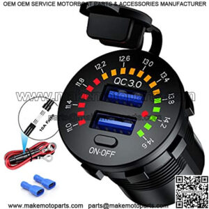 Quick Charge 3.0 Car Charger, Waterproof 36W Dual USB QC3.0 Fast Charging Socket Power Outlet with Voltmeter & Switch & 10A Fuse Built-in for 12V/24V Vehicles