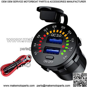 [Upgraded Version] Quick Charge 3.0 Dual USB Car Charger Socket with Colorful Voltmeter & ON/Off Switch, 12V USB Outlet for Car Marine Boat Motorcycle ATV Bus Truck and More - Black