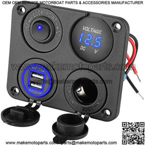 12V USB Outlet, Marine Car Charger Socket Panel, Waterproof Boat Cell Phone Rocker Switch Panel with 12 Volt Dual USB Power Outlet Cigarette Lighter Socket for RV Marine Boat Camper Truck Automotive