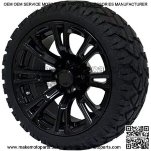 14" Black 'Voodoo' Golf Cart Wheels and 20"x8.5"-14 STINGER On-Road/Off-Road DOT rated All-Terrain tires - Set of 4, includes Black 'SS' center caps and 1/2x20 Black lug nuts