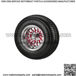 (4)Golf Cart 205/65-10 DOT Tires on 10x7 Machined/Red 14-Spoke Wheels