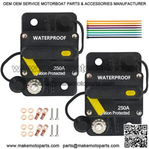 250 Amp Circuit Breaker of 2 Pack with Manual Reset Wire Terminal Copper Washer Screws and Cable Ties for Car Marine Trolling Motors Boat ATV Manual Power Protect 12V-48VDC, Waterproof