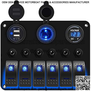 FXC Waterproof Marine Boat Rocker Switch Panel 6 Gang with 3.1A Dual USB Slot Socket + Cigarette Lighter +LED Voltmeter with Overload Protection for Car Rv Vehicles Truck (6 Gang Blue LED) (6 Blue)