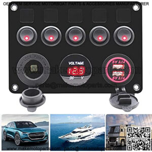 Marine Switch Panel 5 Gang Rocker Switch Panel for Boat 12V Aluminum Panel 5 Toggle Switches Waterproof for Boat Car Rv Truck ON/Off with 4.2A Dual USB Port + Cigarette Lighter + Voltmeter Red LED