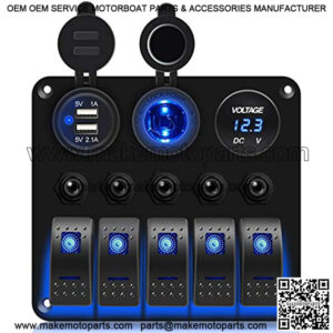 FXC Waterproof Marine Boat Rocker Switch Panel 5 Gang with 3.1A Dual USB Slot Socket + Cigarette Lighter +LED Voltmeter with Overload Protection for Car Rv Vehicles Truck (5 Gang Blue LED) (5 Blue)