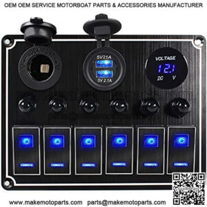 Rocker Switch Panel ?C 6 Gang Aluminum Toggle Switch Panel, 12V/24V Switch Panel with Voltmeter 4.2A Dual USB Charger PorOutlet, 5 Pin On-Off for Automotive Boat Truck Jeep RV UTV (Black)