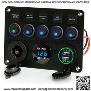 Marine Ignition Toggle Rocker Switch Panel Dual USB Socket Charger 4.2A + LED Voltmeter + 12V Power Outlet + 5 Gang ON-Off Toggle Switch Multi-Functions Panel for RV Car Boat Vehicle Truck Yacht