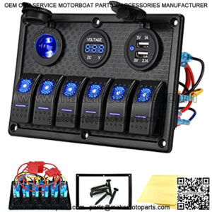 4/5/6 Gang Marine Boat Rocker Switch Panel, 12V Waterproof RV Led Switch Panel for Car Truck Marine Boat, Digital Voltmeter Display QC3.0 Dual USB Charger Port DC 12 Volt Socket 12/24V Blue Lighted