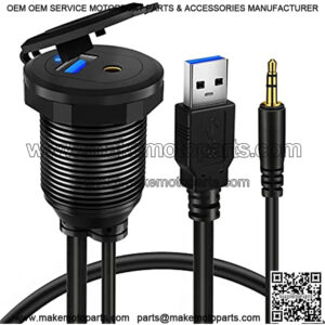 Alloy USB 3.0 AUX DC3.5mm Port Car Mount Flush Cable for Car Boat Motorcycle Dash Panel with LED Indicator - 3ft