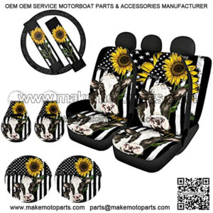 Sunflower Cow Car Seat Covers Full Set for Women Men with Steering Wheel Covers Pad Coaster Front Rear Back Bench Seatcover Protection Automotive Accessories Combo Kit Universal Fit Decor